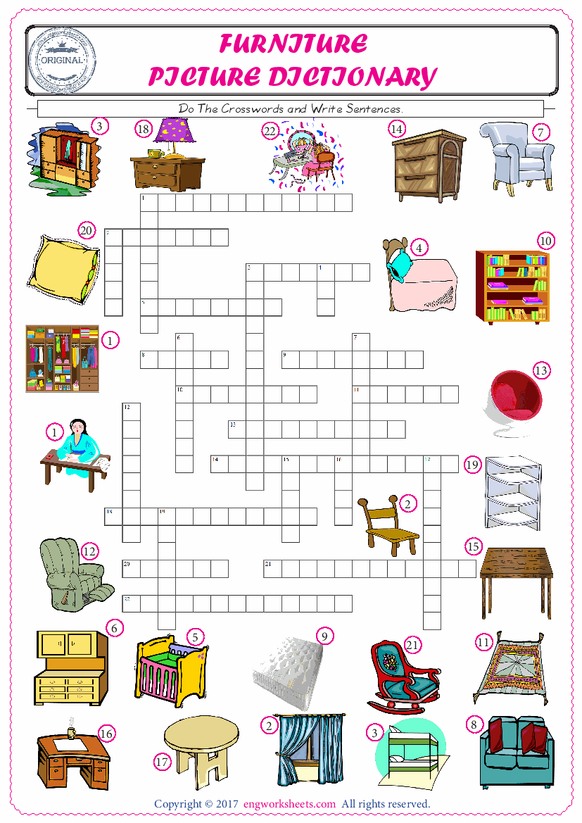  ESL printable worksheet for kids, supply the missing words of the crossword by using the Furniture picture. 